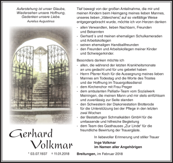 Traueranzeige von Gerhard Volkmar von Südthüringer Presse