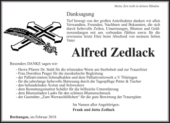 Traueranzeige von Alfred Zedlack von Südthüringer Presse