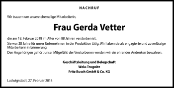 Traueranzeige von Gerda Vetter von Neue Presse Coburg