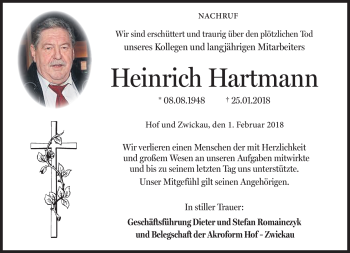 Traueranzeige von Heinrich Hartmann von Frankenpost