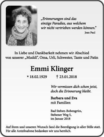 Traueranzeige von Emmi Klinger von Frankenpost