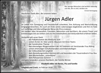 Traueranzeige von Jürgen Adler von Südthüringer Presse
