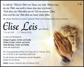 Traueranzeige von Elise Leis von Südthüringer Presse