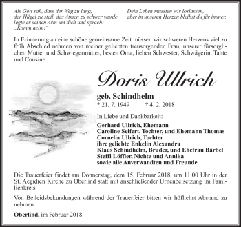 Traueranzeige von Doris Ullrich von Südthüringer Presse