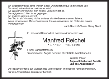 Traueranzeige von Manfred Reichel von Frankenpost