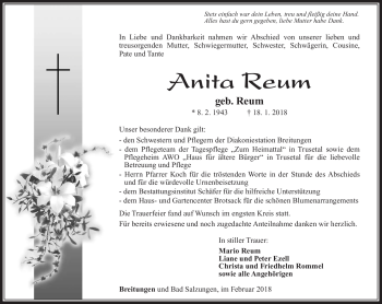Traueranzeige von Anita Reum von Südthüringer Presse
