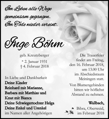 Traueranzeige von Ingeborg Böhm von Südthüringer Presse