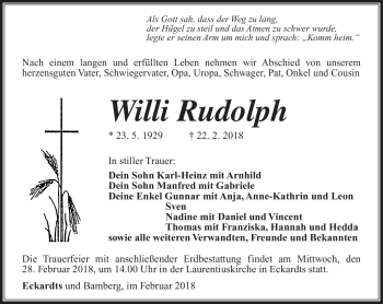 Traueranzeige von Willi Rudolph von Südthüringer Presse