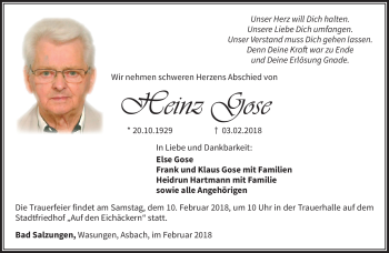 Traueranzeige von Heinz Gose von Südthüringer Presse