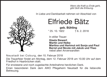 Traueranzeige von Elfriede Bätz von Neue Presse Coburg