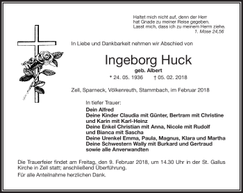 Traueranzeige von Ingeborg Huck von Frankenpost