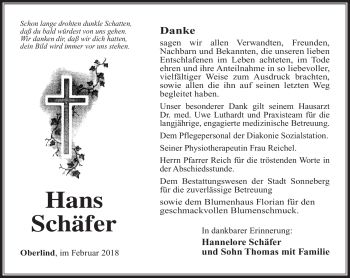 Traueranzeige von Hans Schäfer von Südthüringer Presse