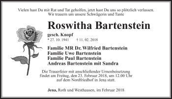 Traueranzeige von Roswitha Bartenstein von Südthüringer Presse