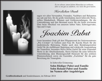 Traueranzeige von Joachim Pabst von Südthüringer Presse