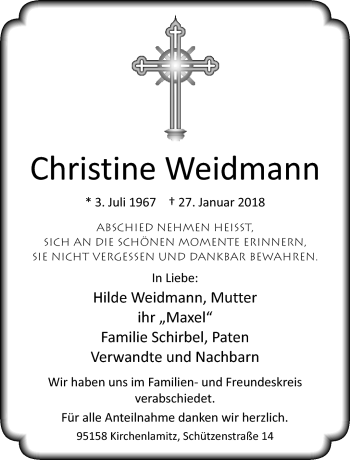 Traueranzeige von Christine Weidmann von Frankenpost