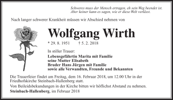 Traueranzeige von Wolfgang Wirth von Südthüringer Presse
