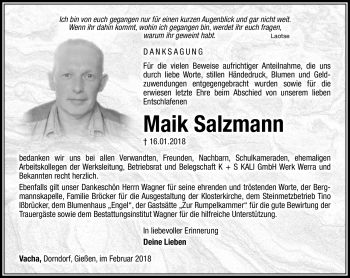 Traueranzeige von Maik Salzmann von Südthüringer Presse