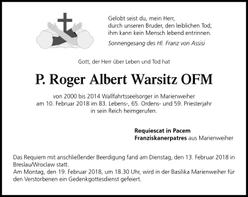 Traueranzeige von Roger Albert Warsitz von Frankenpost
