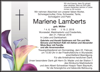 Traueranzeige von Marlene Lamberts von Frankenpost