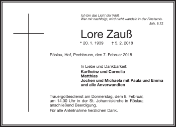 Traueranzeige von Lore Zauß von Frankenpost