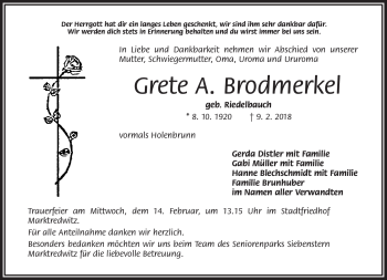 Traueranzeige von Grete A. Brodmerkel von Frankenpost