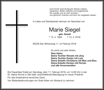 Traueranzeige von Marie Siegel von Frankenpost