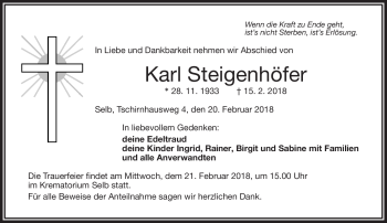 Traueranzeige von Karl Steigenhöfer von Frankenpost