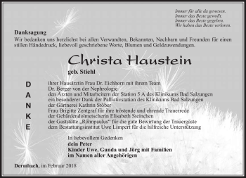 Traueranzeige von Christa Haustein von Südthüringer Presse
