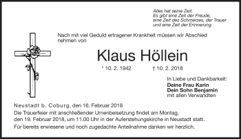 Traueranzeige von Klaus Höllein von Neue Presse Coburg