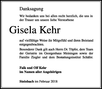Traueranzeige von Gisela Kehr von Südthüringer Presse