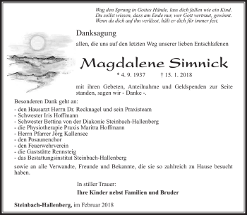 Traueranzeige von Magdalene Simnick von Südthüringer Presse