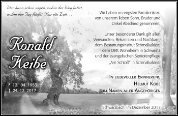 Traueranzeige von Ronald Keibe von Südthüringer Presse
