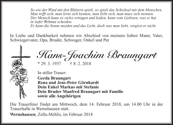 Traueranzeige von Hans-Joachim Braungart von Südthüringer Presse