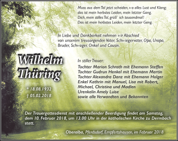 Traueranzeige von Wilhelm Thüring von Südthüringer Presse