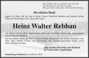 Traueranzeige von Heinz Walter Rebhan von Südthüringer Presse