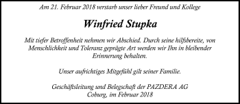 Traueranzeige von Winfried Stupka von Neue Presse Coburg
