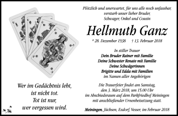 Traueranzeige von Hellmuth Ganz von Südthüringer Presse