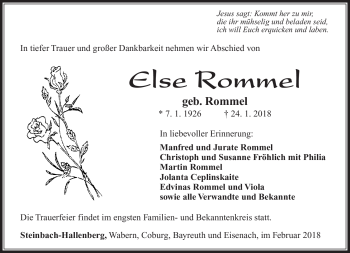 Traueranzeige von Else Rommel von Südthüringer Presse