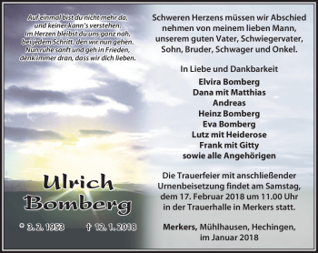 Traueranzeige von Ulrich Bomberg von Südthüringer Presse