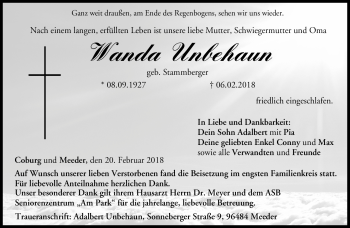 Traueranzeige von Wanda Unbehaun von Neue Presse Coburg