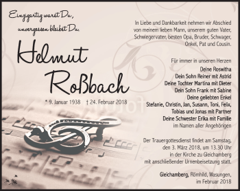 Traueranzeige von Helmut Roßbach von Südthüringer Presse