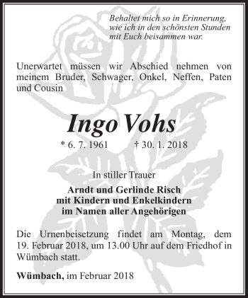 Traueranzeige von Ingo Vohs von Südthüringer Presse