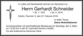 Traueranzeige von Gerhardt Schneider von Frankenpost