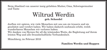 Traueranzeige von Wiltrud Werdin von Frankenpost