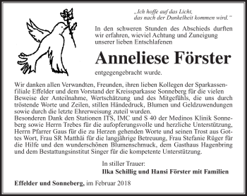 Traueranzeige von Anneliese Förster von Südthüringer Presse