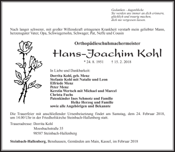 Traueranzeige von Hans-Joachim Kohl von Südthüringer Presse