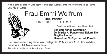 Traueranzeige von Emmi Wolfrum von Frankenpost