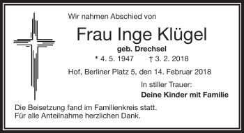 Traueranzeige von Inge Klügel von Frankenpost