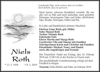 Traueranzeige von Niels Roth von Südthüringer Presse