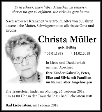 Traueranzeige von Christa Müller von Südthüringer Presse